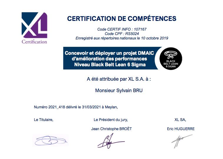 Certificat LEAN 6 SIGMA BLACK BELT-RS5024